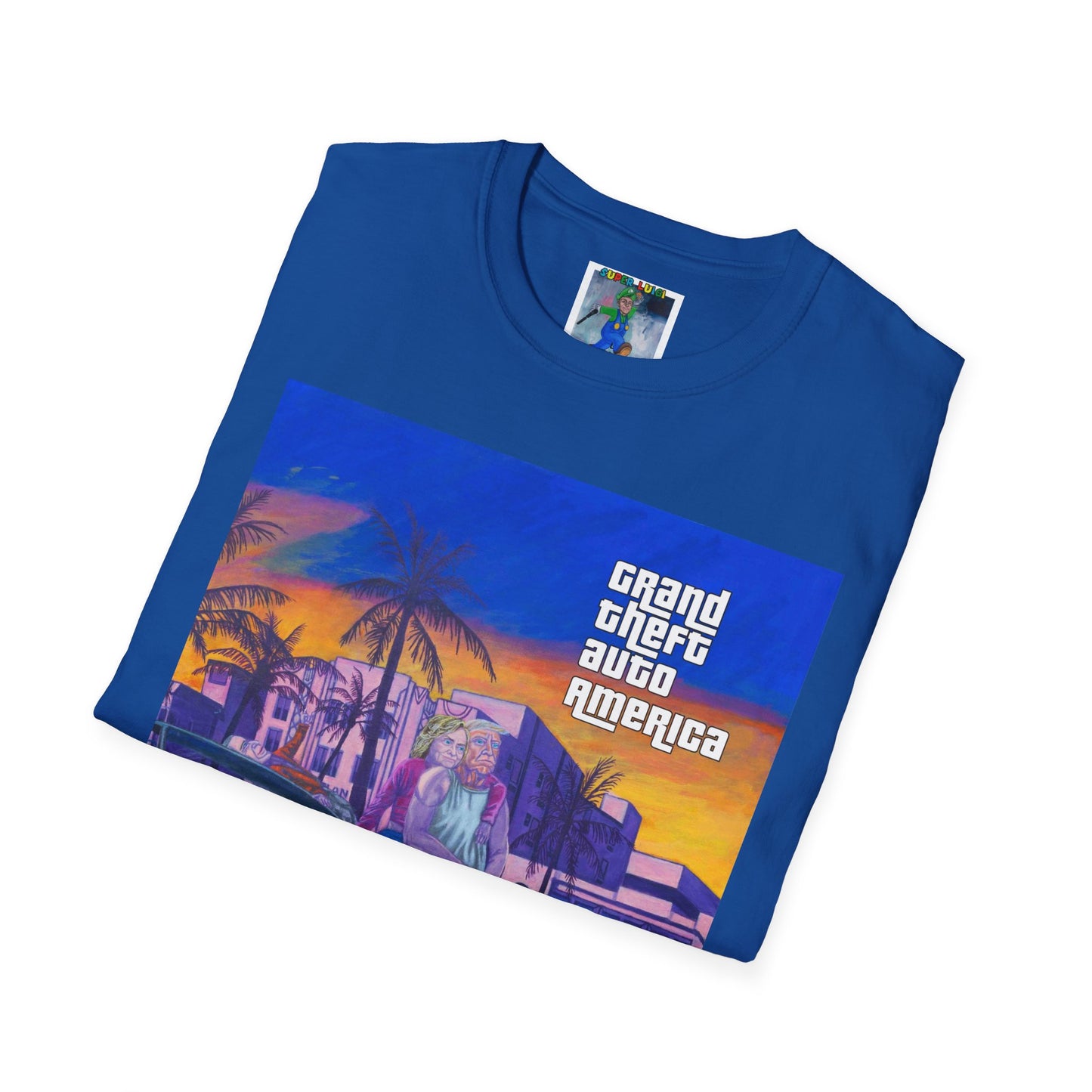 Retro 'Grand Theft Auto America' Graphic Tee – Neon Miami Sunset Car Design