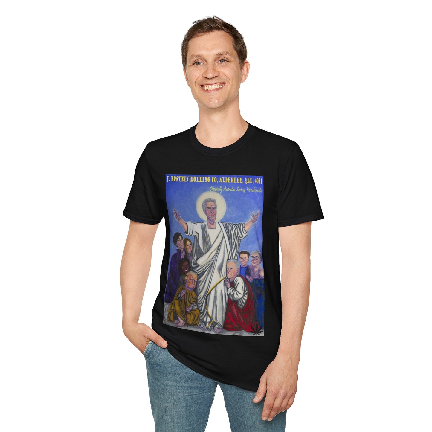 Jeffrey Epstein Hand Painted Unisex T-Shirt, Funny Dark Humour, Jesus, Softstyle