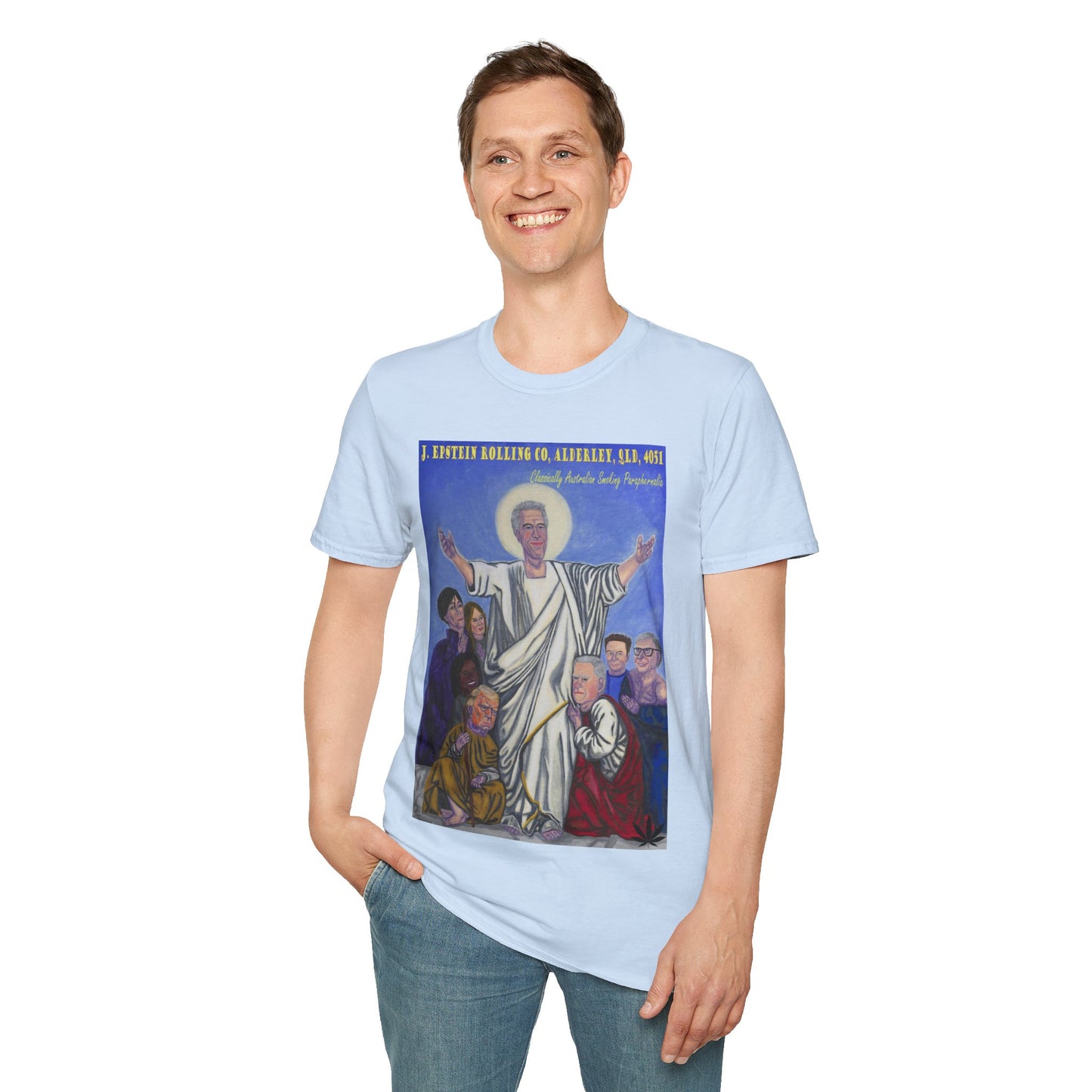 Jeffrey Epstein Hand Painted Unisex T-Shirt, Funny Dark Humour, Jesus, Softstyle