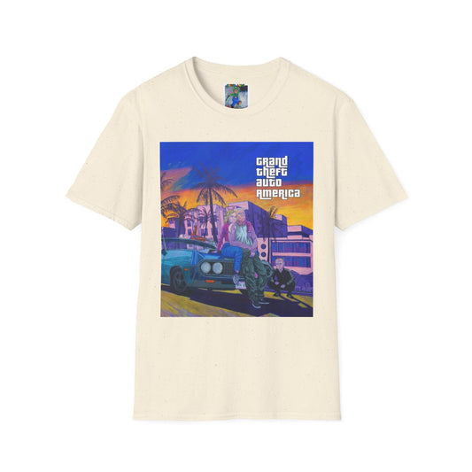 Retro 'Grand Theft Auto America' Graphic Tee – Neon Miami Sunset Car Design