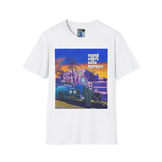 Retro 'Grand Theft Auto America' Graphic Tee – Neon Miami Sunset Car Design