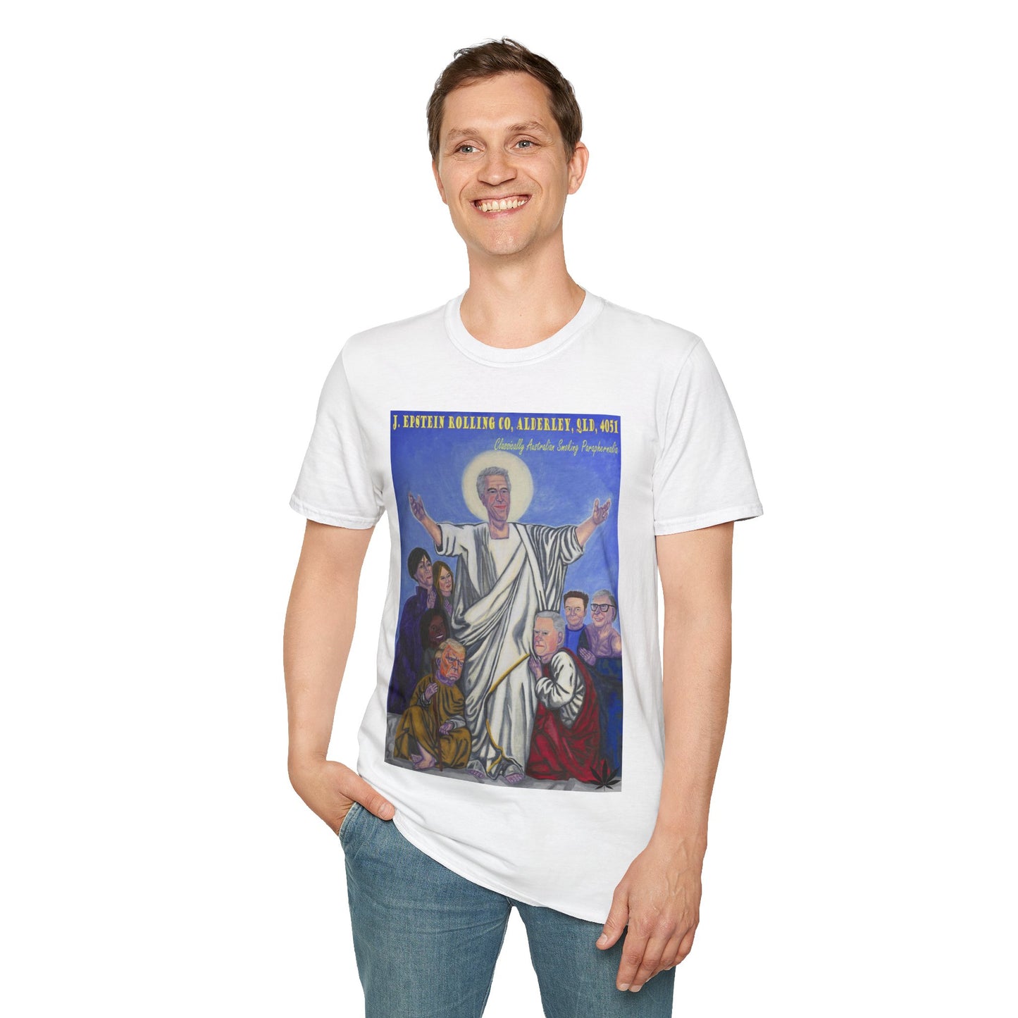 Jeffrey Epstein Hand Painted Unisex T-Shirt, Funny Dark Humour, Jesus, Softstyle